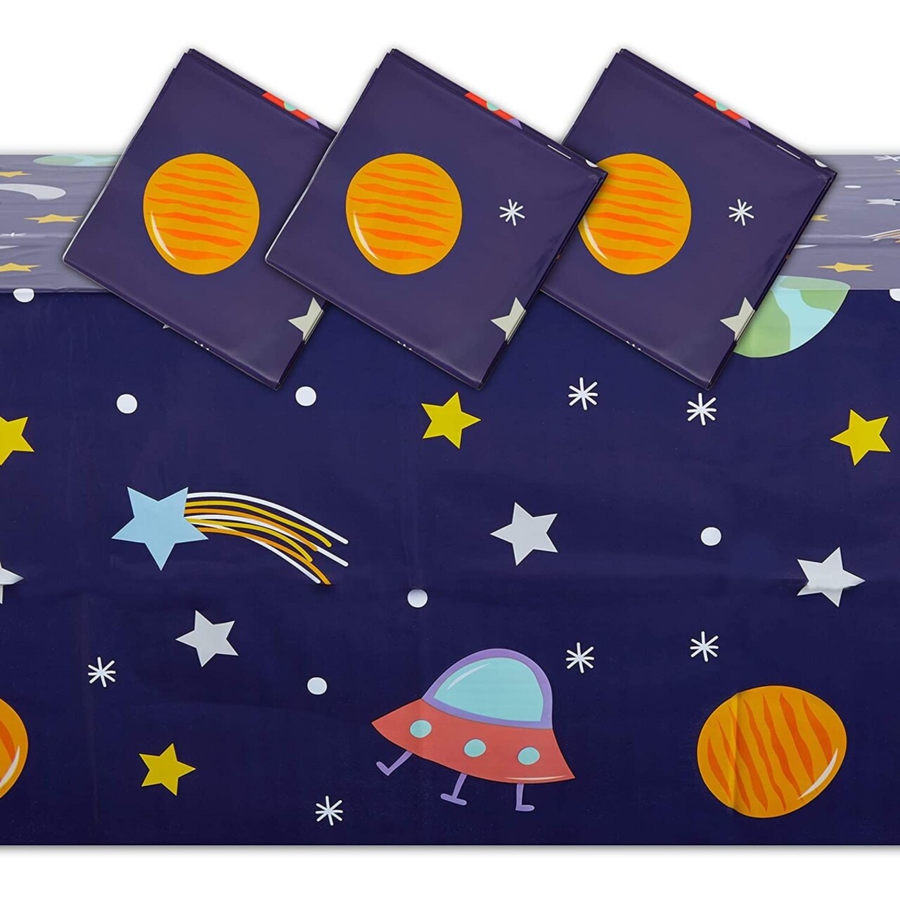 Blue Plastic Tablecloth for Outer Space Birthday Party (54 x 108 in, 3 Pack)